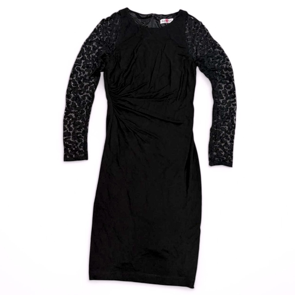 David Meister Leopard Print Sheer Sleeve Ruched Side Midi Sheath Dress
